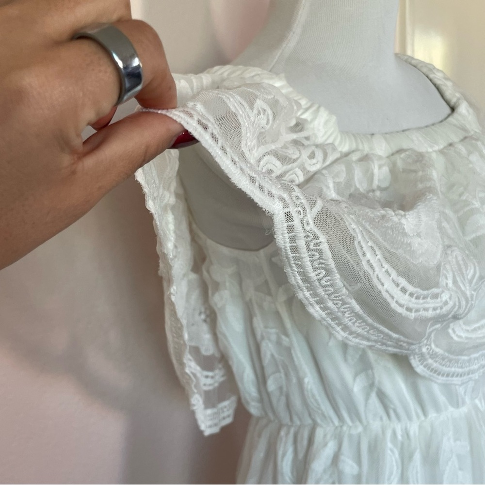 White Boho Lace Off Shoulder Maxi Dress Embroidered Romantic Coastal Medium - Picture 4 of 16